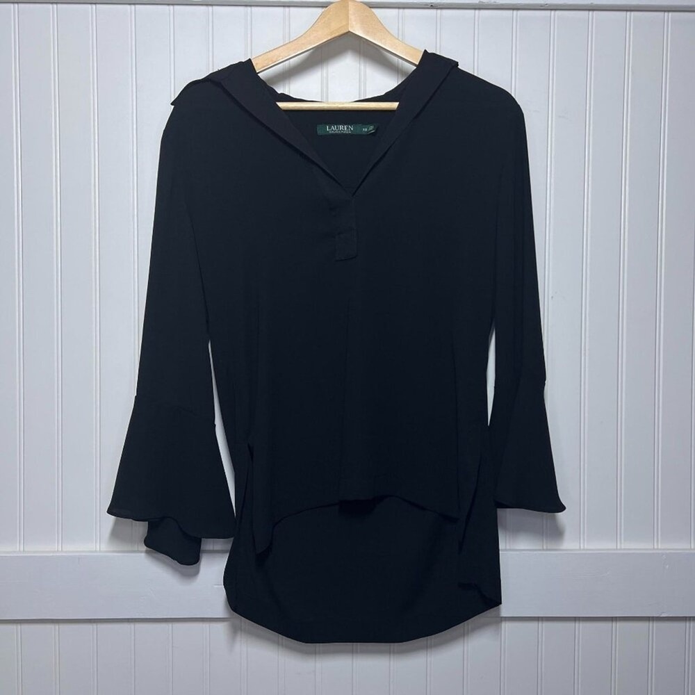 Lauren Ralph Lauren Blouse Black Whimsigoth Long Bell Sleeves Women's XS Preppy